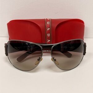 Prada Women's Sunglasses with Gray Frame and Red Case